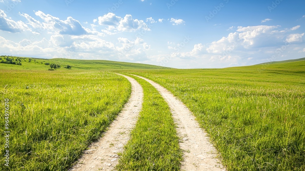 Country Road Through Green Field With Blue Sky And White Clouds Country Road Through Green Field With Blue Sky And White Clouds