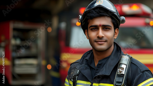 A firefighter stands confid...