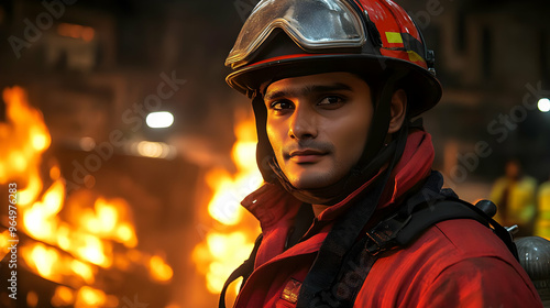 A firefighter stands confidently in front of a blazing fire, showcasing bravery and resilience.