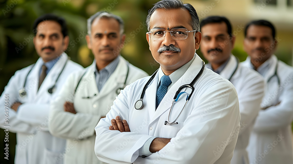 A group of confident doctors standing together in a professional setting. A group of confident doctors standing together in a professional setting.