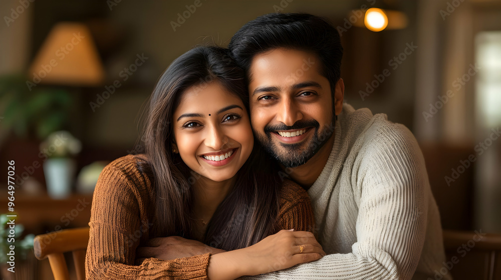A happy couple smiling together in a cozy indoor setting. A happy couple smiling together in a cozy indoor setting.