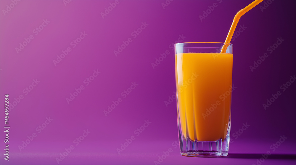 glass of mango juice with straw isolated on purple background glass of mango juice with straw isolated on purple background