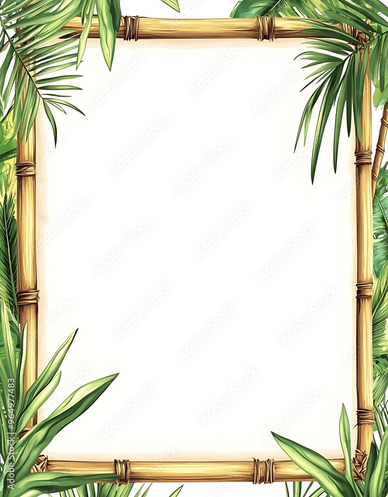 Obraz premium A cloth is stretched in a bamboo frame in the tropical rainforest, Bamboo Frame ready for your text, copy space illustration