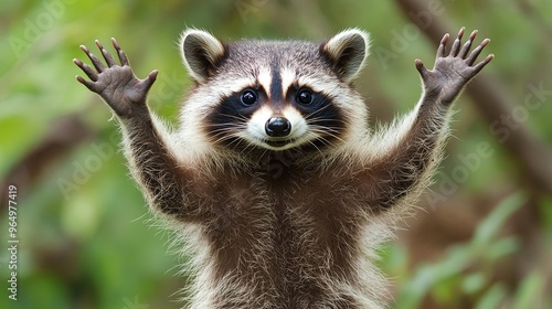 A raccoon standing on its two hind paws, showcasing its curious and upright posture. The raccoon’s expressive eyes and paws are prominent as it balances on its hind legs, offering a playful 