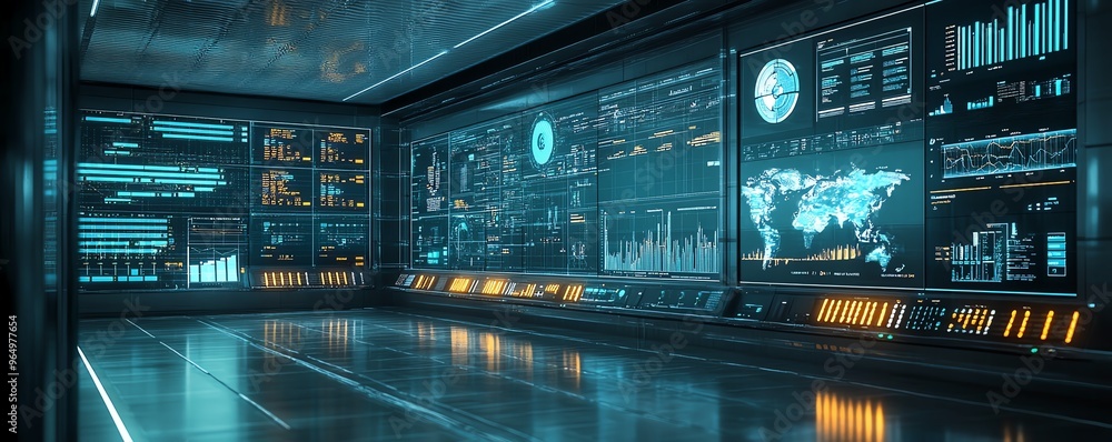 Hightech smart grid system with interactive dashboards, showcasing energy distribution, grid efficiency, and renewable energy integration Hightech smart grid system with interactive dashboards, showcasing energy distribution, grid efficiency, and renewable energy integration