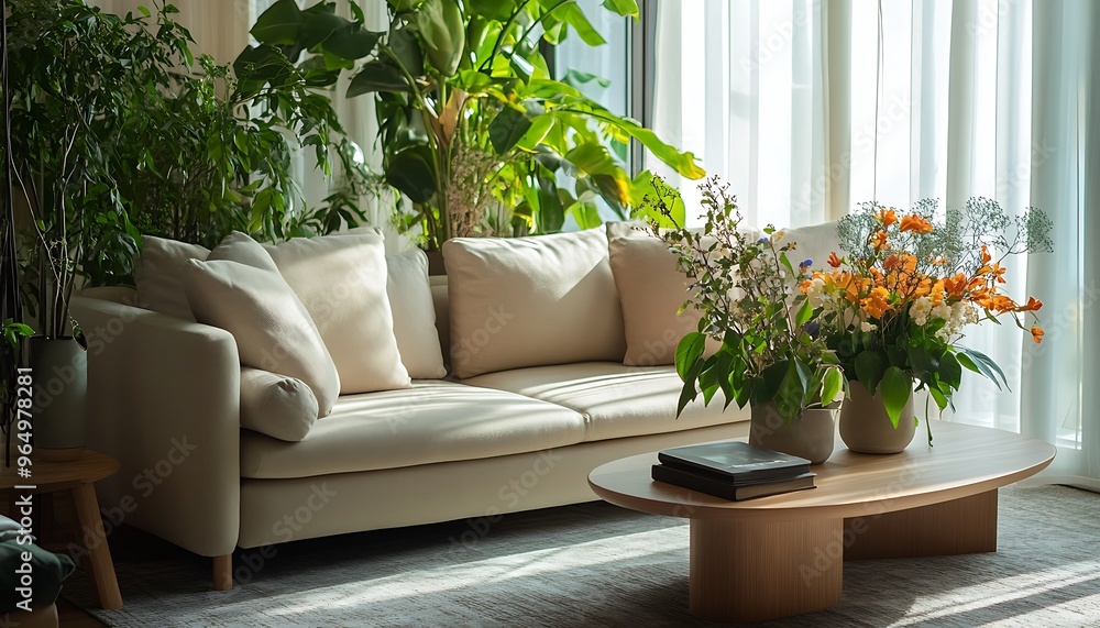 Serene Living Space with Neutral Tones, Plush Sofa, and Vibrant Plants Serene Living Space with Neutral Tones, Plush Sofa, and Vibrant Plants