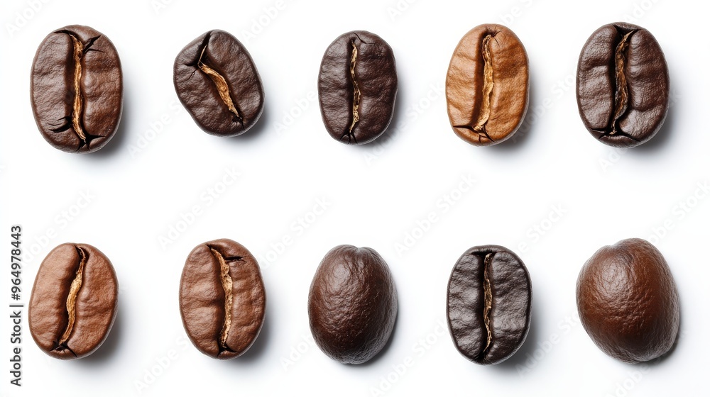 Close-up of Vibrant Coffee Beans on White Background with Clipping Path and Depth of Field to Highlight Texture and Color Close-up of Vibrant Coffee Beans on White Background with Clipping Path and Depth of Field to Highlight Texture and Color