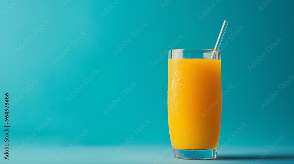 glass of  mango juice with straw isolated on blue background