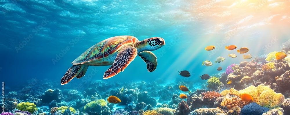 Fototapeta premium A Sea Turtle Swimming Through a Vibrant Coral Reef