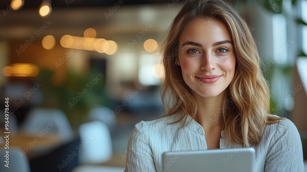 Fototapeta premium Portrait of happy businesswoman with touchpad in office