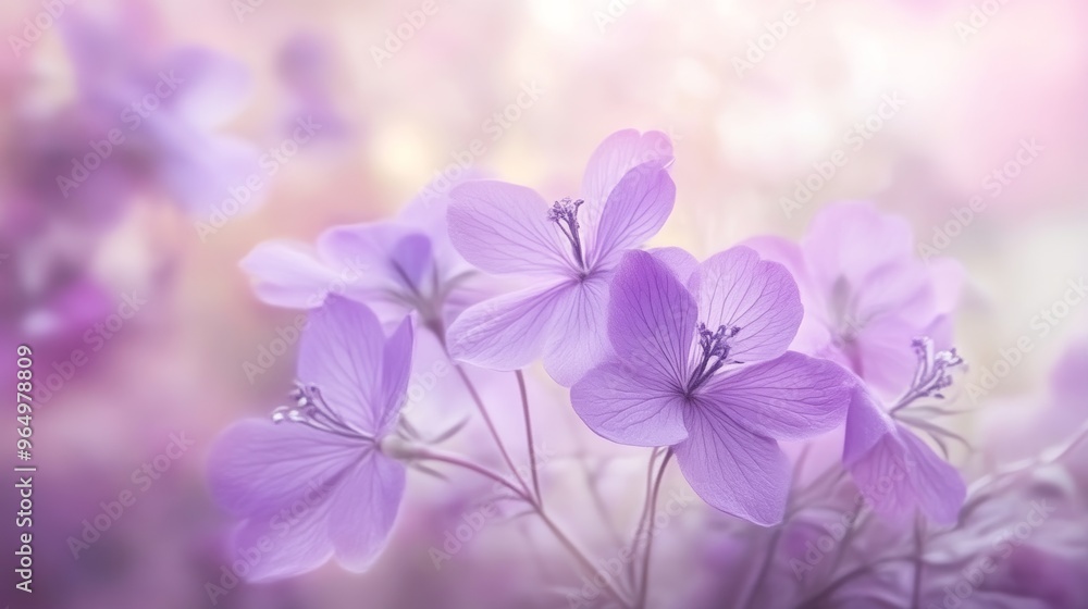Delicate purple flowers with soft focus and dreamy pastel background, nature tranquility concept Delicate purple flowers with soft focus and dreamy pastel background, nature tranquility concept