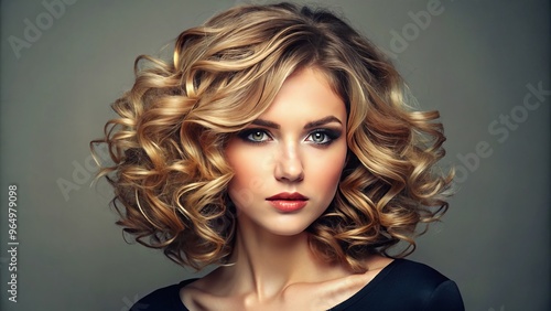 A flowing, curly long bob haircut features asymmetrical layers that frame the face, while subtle highlights enhance the photo