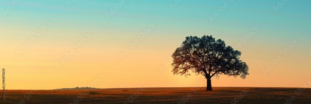 Obraz premium Stunning Tree Silhouette Enriching the Tranquil Rural Skyline