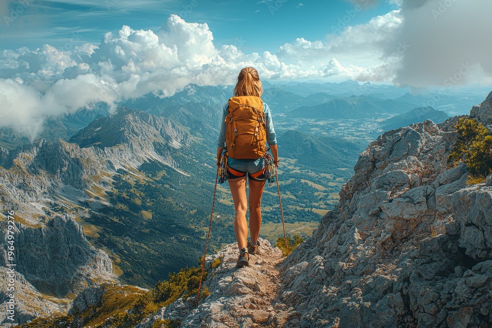 Obraz premium A woman climbing a mountain trail alone, enjoying the solitude and challenge. Concept of physical independence and personal growth.