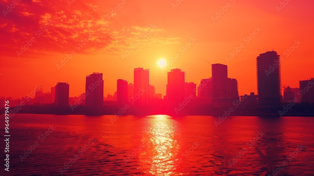 Fototapeta premium Stunning Urban Sunset Over River with Vibrant Red and Orange Sky, Capturing City Silhouette