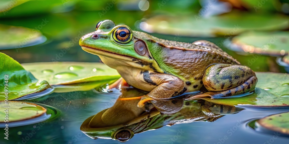 A green and brown bullfrog rests serenely on a large leaf, surrounded by water droplets that reflect the A green and brown bullfrog rests serenely on a large leaf, surrounded by water droplets that reflect the