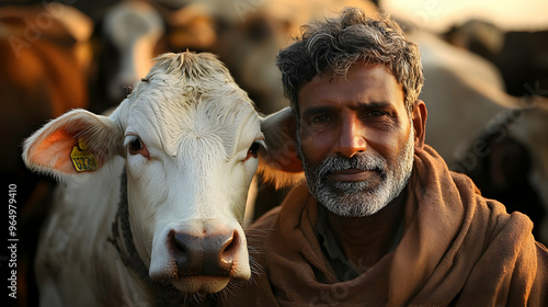 A man and a cow in a rural ...