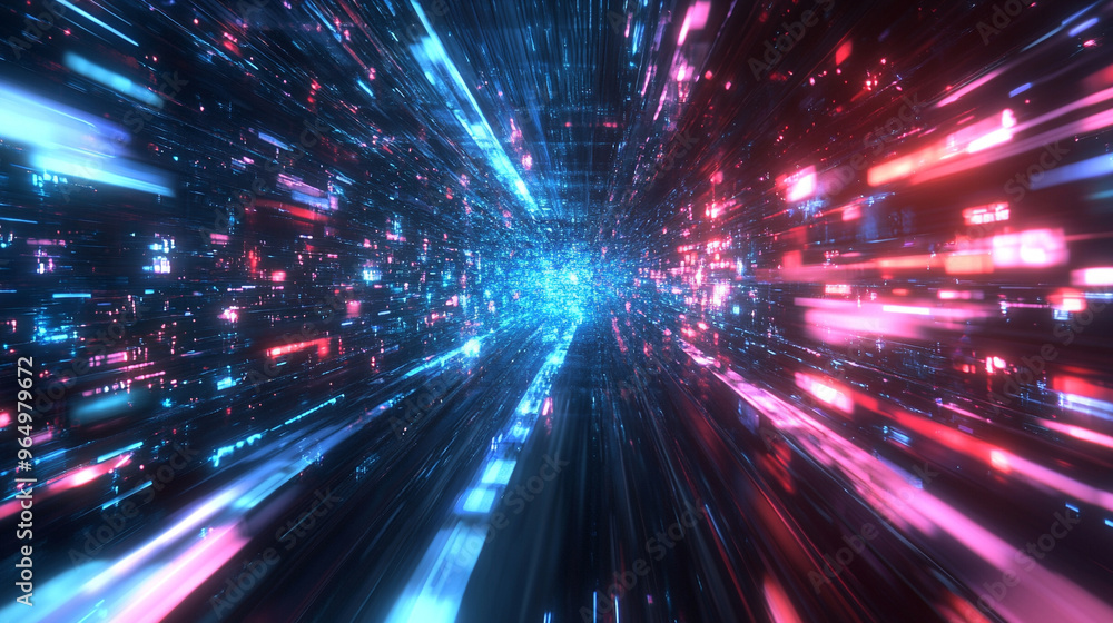 Naklejka premium Conceptual speed through a tunnel, digital light trails