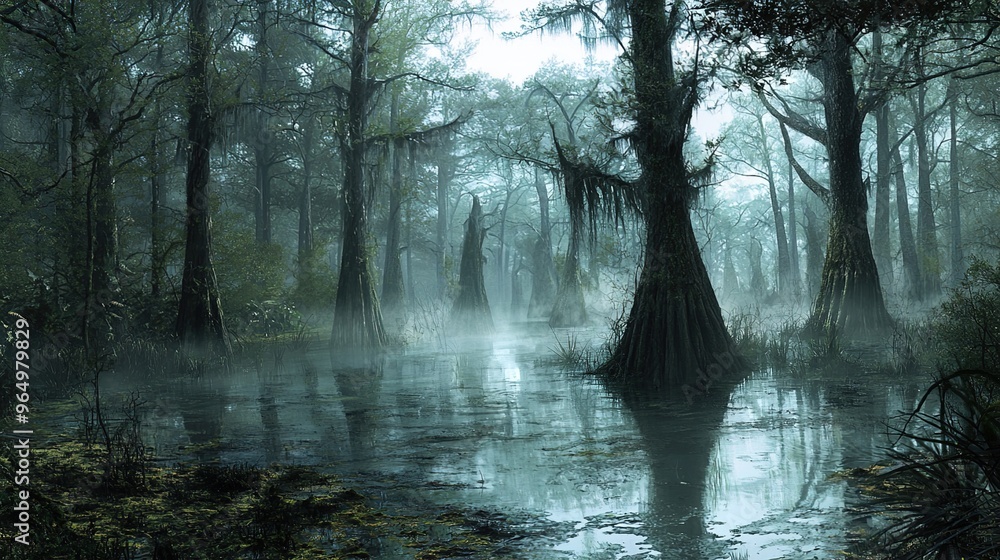 Obraz premium Dense, mist-laden swamp landscape characterized by still, reflective water and towering cypress trees with wide, buttressed trunks. The trees are covered in hanging moss, and lush, dark green foliage