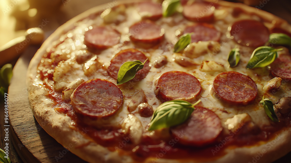 A pizza with pepperoni and basil on top. The pizza is on a wooden cutting board. The pizza is very large and has a lot of pepperoni A pizza with pepperoni and basil on top. The pizza is on a wooden cutting board. The pizza is very large and has a lot of pepperoni