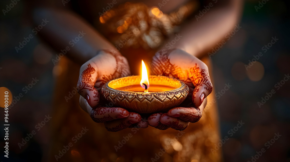 A person holds a lit diya, symbolizing light and celebration. A person holds a lit diya, symbolizing light and celebration.
