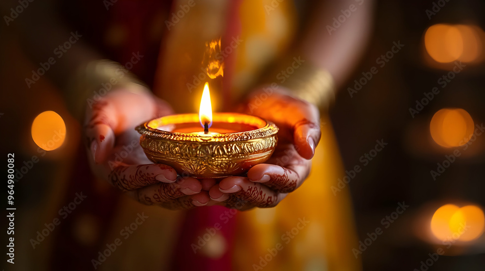 A person holds a lit oil lamp, symbolizing light and celebration. A person holds a lit oil lamp, symbolizing light and celebration.