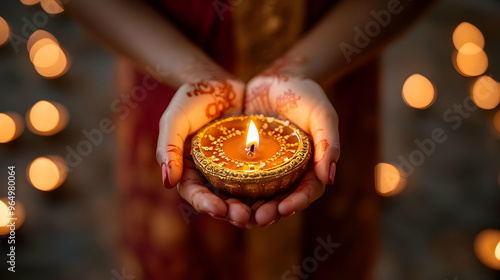 A person holds a lit diya, ...