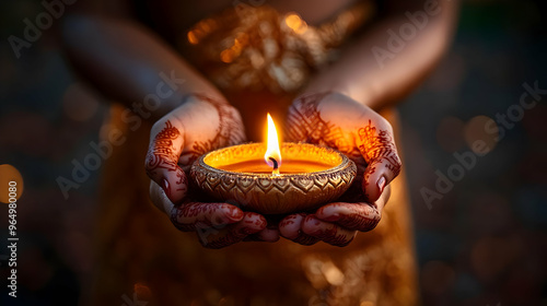 A person holds a lit diya, ...