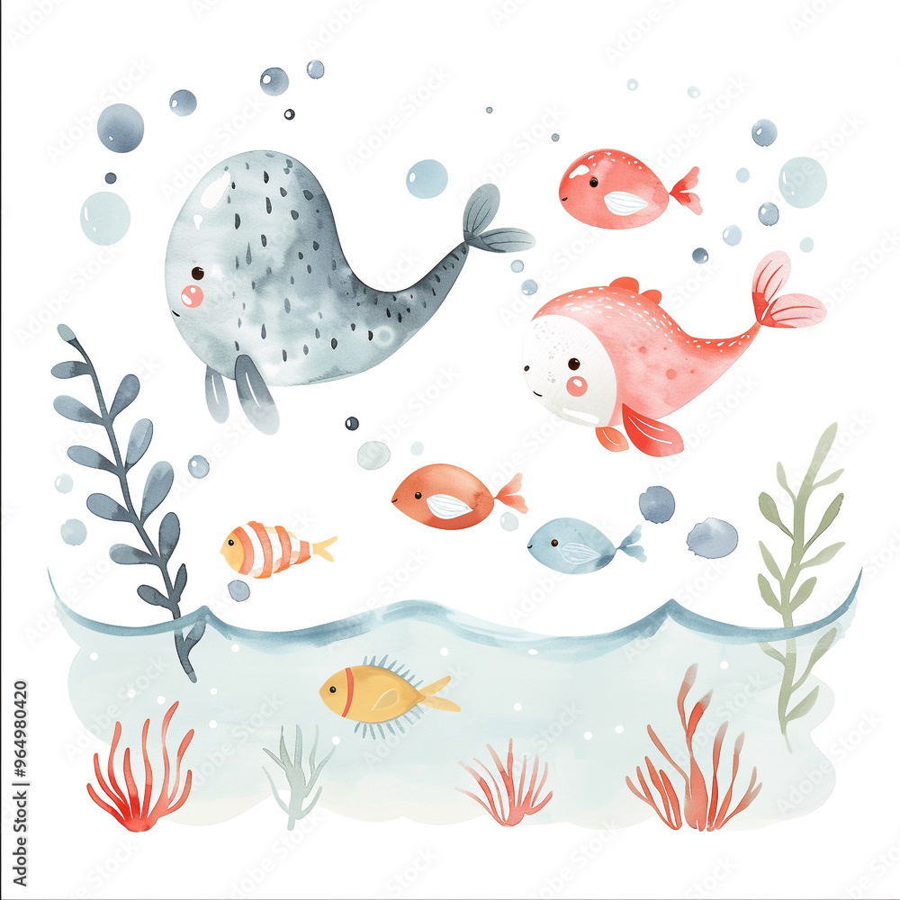 Obraz premium Adorable and Easy Watercolor Painting: Discover the Underwater World of Fish