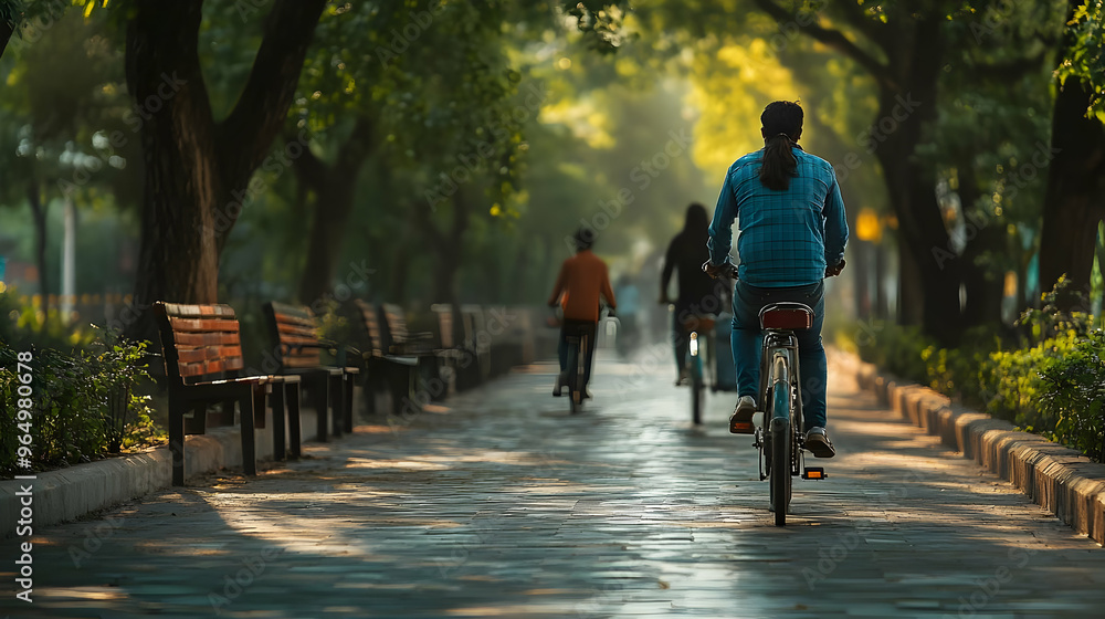 A serene park pathway with cyclists enjoying a leisurely ride amidst lush greenery. A serene park pathway with cyclists enjoying a leisurely ride amidst lush greenery.