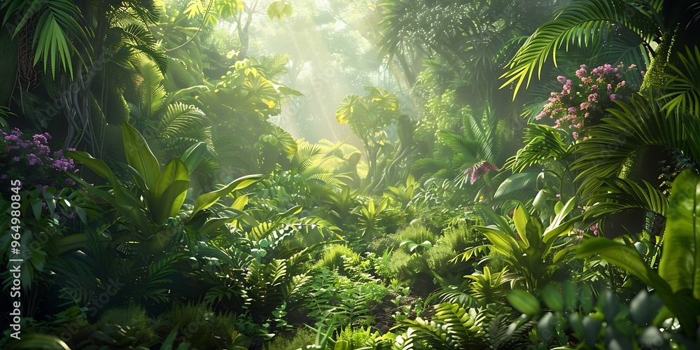 Naklejka premium Lush Rainforest Floor with Diverse Wildlife and Thick Foliage