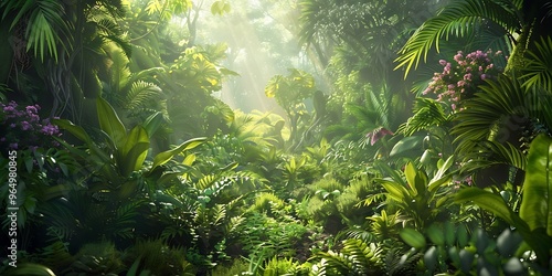 Lush Rainforest Floor with Diverse Wildlife and Thick Foliage