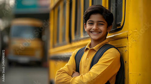 A smiling boy in a yellow s...