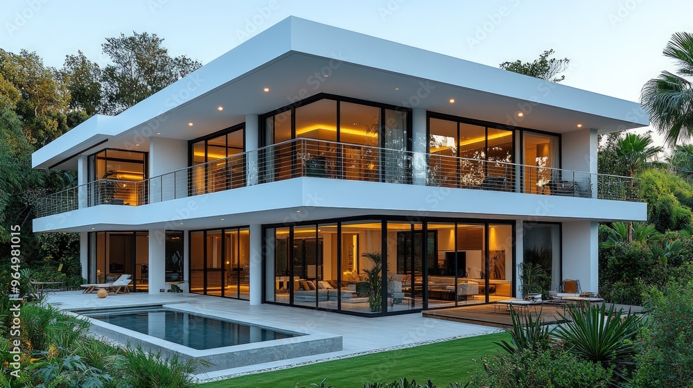 Modern white house with a pool and lush landscaping. Modern white house with a pool and lush landscaping.