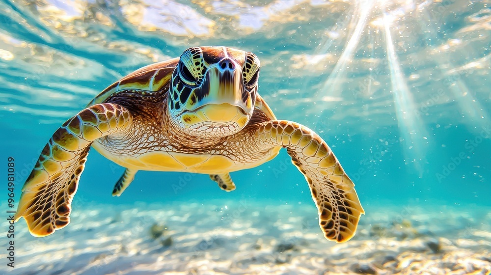 Fototapeta premium Green Sea Turtle Swimming in Sunlit Ocean Water
