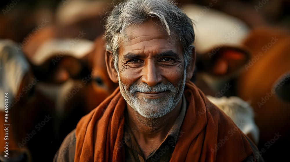 A smiling elderly man surrounded by cows, showcasing rural life and community connection. A smiling elderly man surrounded by cows, showcasing rural life and community connection.