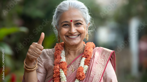 A smiling elderly woman giv...