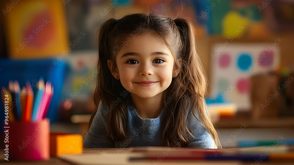 A smiling girl with pigtails in a classroom, surrounded by art supplies and colorful artwork. A smiling girl with pigtails in a classroom, surrounded by art supplies and colorful artwork.