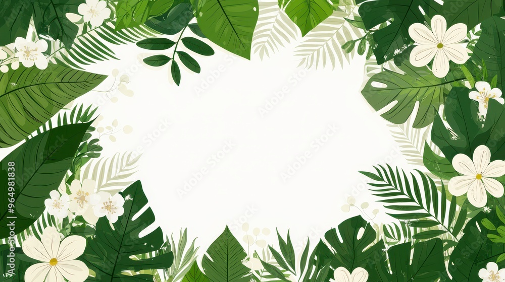 Tropical Leaves and Flowers Frame White Background Floral Border Summer Greenery Nature Illustration Design Graphic Decoration Tropical Leaves and Flowers Frame White Background Floral Border Summer Greenery Nature Illustration Design Graphic Decoration