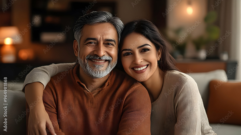 A smiling man and woman embracing, sharing a warm moment indoors. A smiling man and woman embracing, sharing a warm moment indoors.