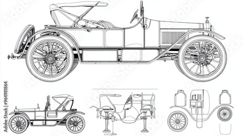 Vintage Car  Classic Automobile  Line Drawing  Black and White  Design Illustration