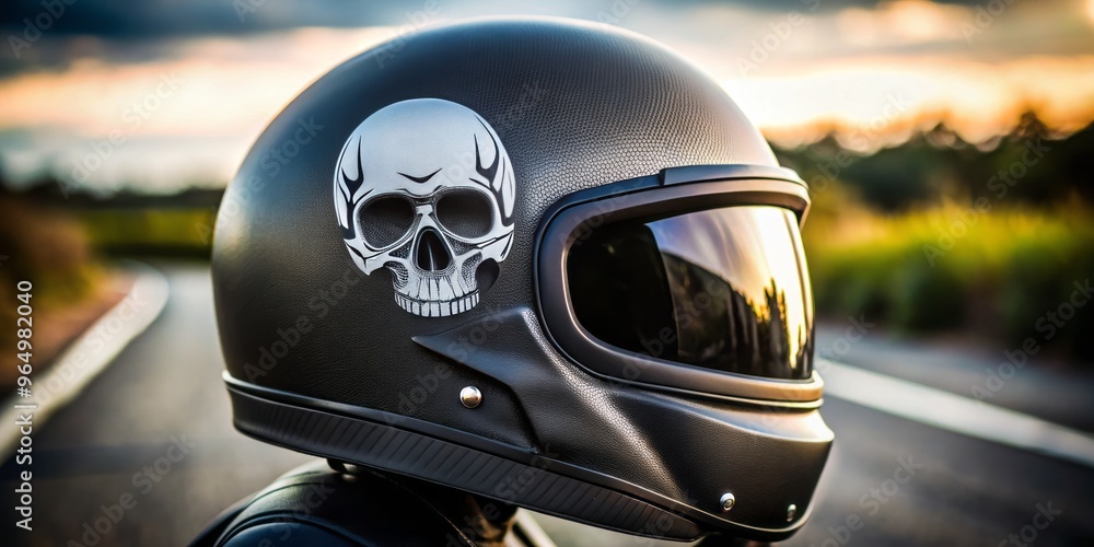 A sleek matte black motorcycle helmet features a skull cap design with a bold, aggressive aesthetic. A sleek matte black motorcycle helmet features a skull cap design with a bold, aggressive aesthetic.