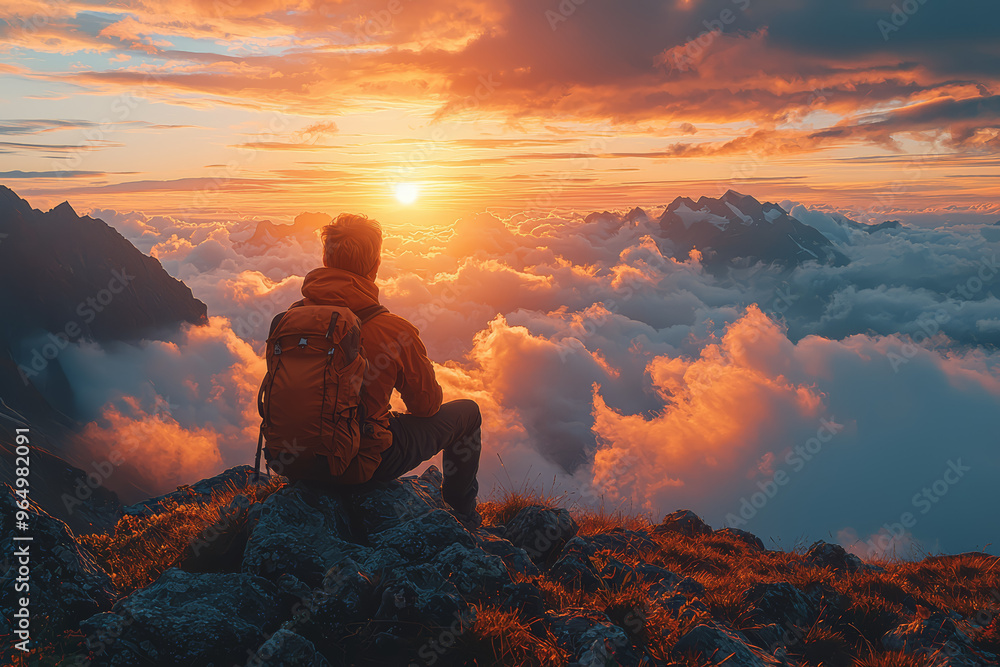 An individual gazing at a breathtaking sunset from a mountain peak, feeling a profound sense of awe. Concept of natural beauty and emotional elevation. An individual gazing at a breathtaking sunset from a mountain peak, feeling a profound sense of awe. Concept of natural beauty and emotional elevation.