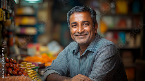A smiling man in a market, ...