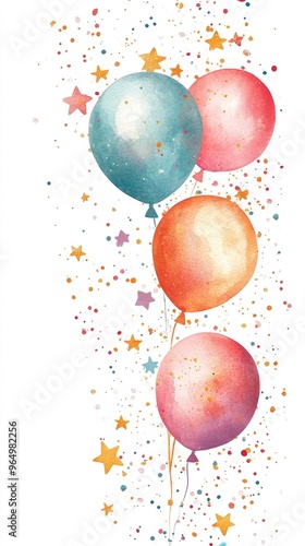 Colorful balloons float amidst sparkling stars, perfect for celebrations and festive occasions. Brighten up your art and designs! photo