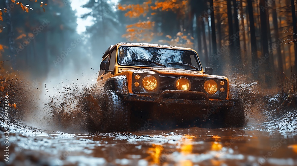 Yellow off-road vehicle driving through a muddy puddle in a forest. Yellow off-road vehicle driving through a muddy puddle in a forest.
