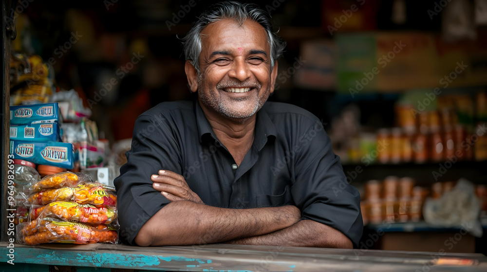 A smiling man stands at a shop counter, showcasing a friendly atmosphere. A smiling man stands at a shop counter, showcasing a friendly atmosphere.