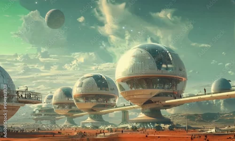 A colony of humans living on a distant planet, their futuristic technology seamlessly integrated into their alien surroundings. Video A colony of humans living on a distant planet, their futuristic technology seamlessly integrated into their alien surroundings. Video