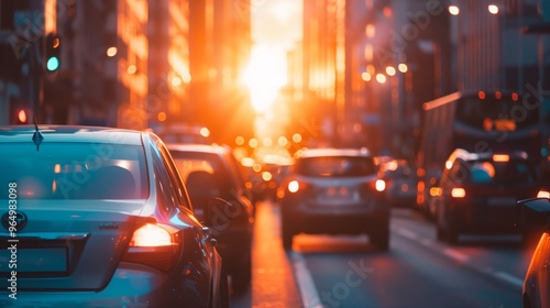 Busy Urban Street at Sunset with Traffic on a City Road - Vibrant Dusk in the City