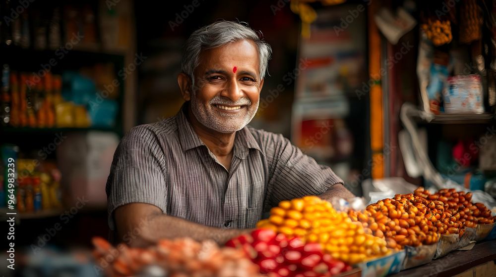 A smiling vendor at a market, surrounded by colorful snacks and sweets. A smiling vendor at a market, surrounded by colorful snacks and sweets.